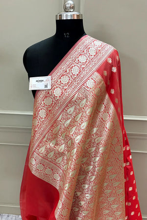 Strawberry Golden Zari Crepe Silk Banarasi Saree