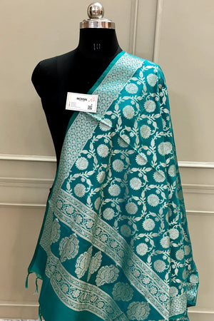 Teal Golden Zari Katan Silk Banarasi Dupatta