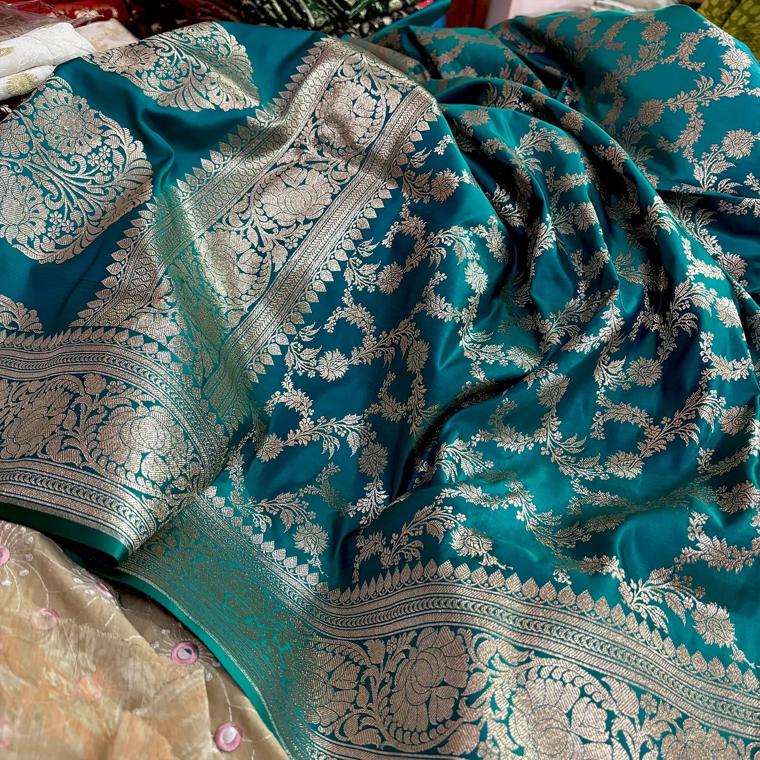 Teal Moglai Jaal Katan Silk Banarasi Saree