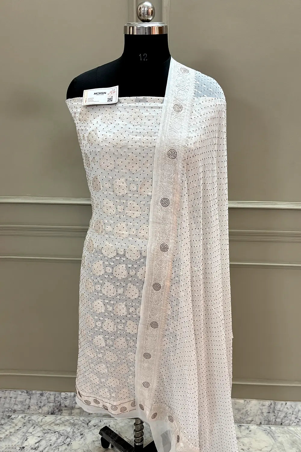 White Patta Siroski Stone Georgette Silk Banarasi Suit