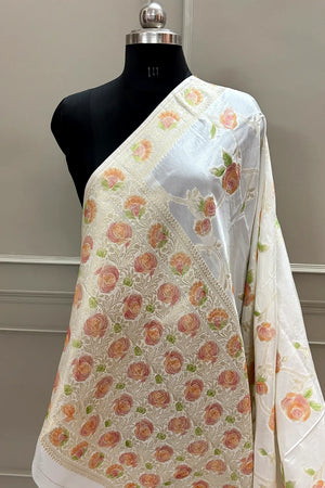 White Rosy Jaal Georgette Silk Banarasi Saree