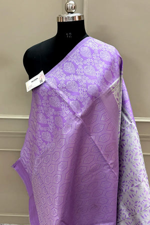 White and Lavender Resham Zari Banarasi Silk Saree