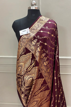 Wine Sunehri Lehar Katan Silk Banarasi Saree