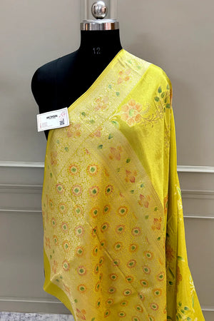 Yellow Shakahari Jaal Georgette Silk Banarasi Saree