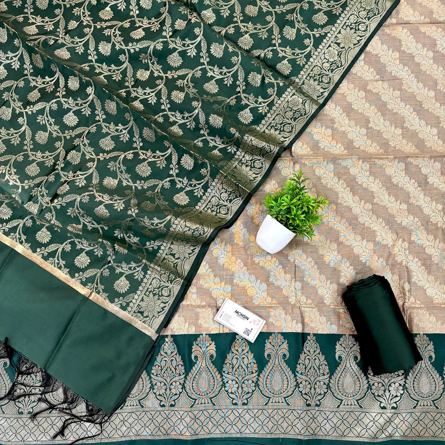 Beige and Bottle Green Kalgha Laheriya Banarasi Silk Suit