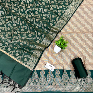 Beige and Bottle Green Kalgha Laheriya Banarasi Silk Suit