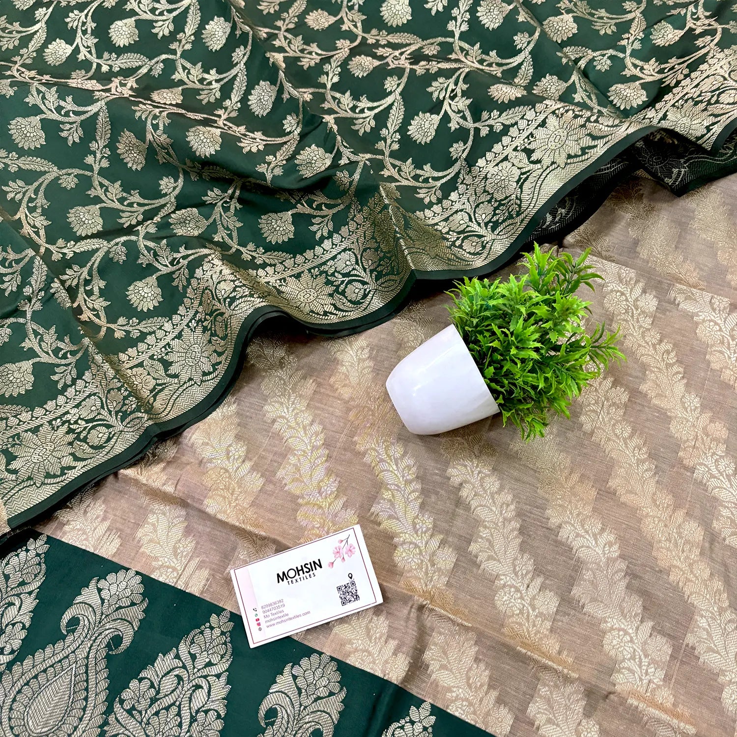 Beige and Bottle Green Kalgha Laheriya Banarasi Silk Suit