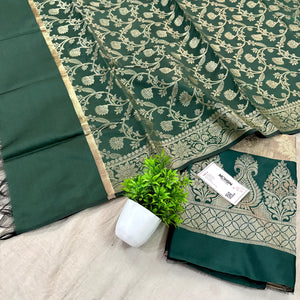 Beige and Bottle Green Kalgha Laheriya Banarasi Silk Suit