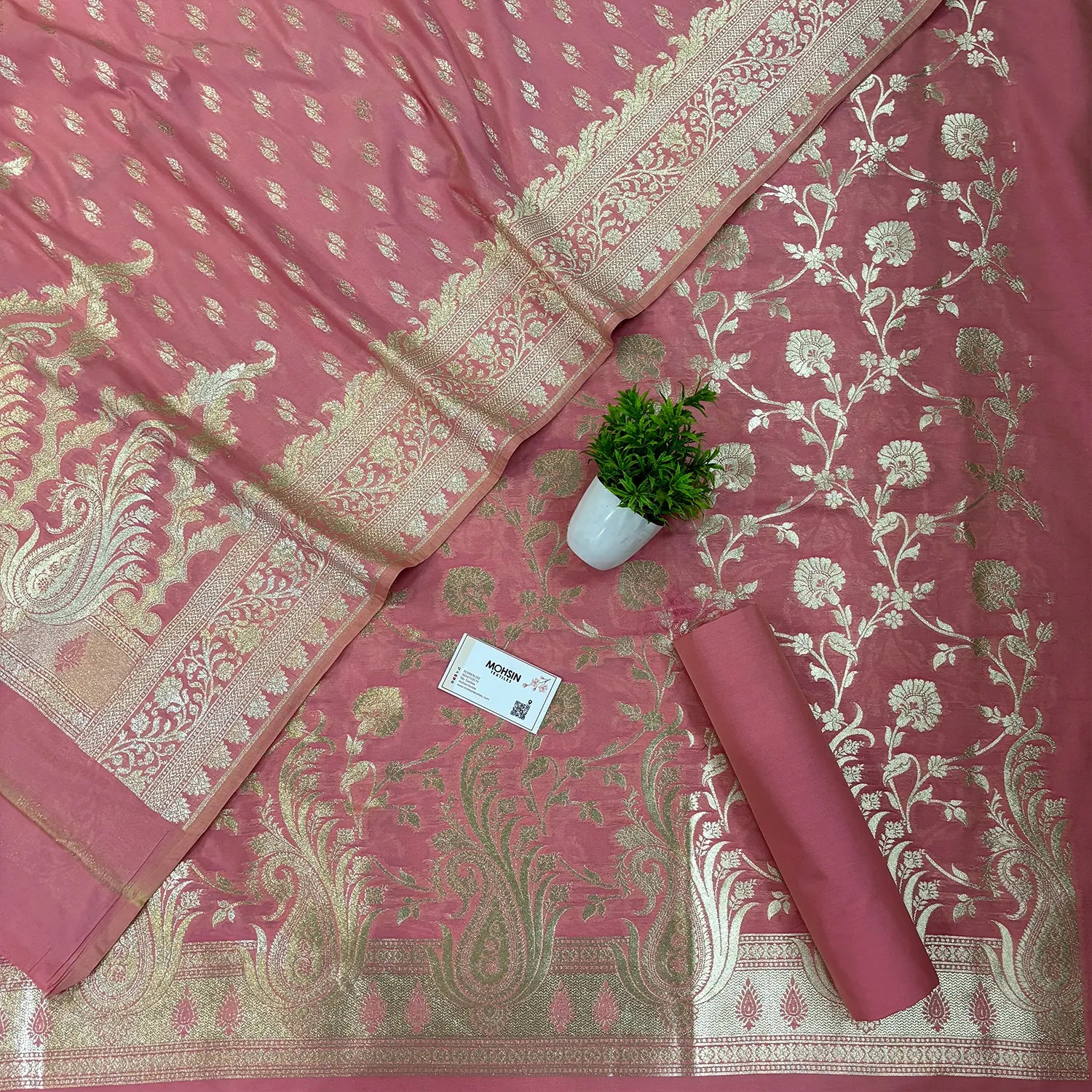 Baby Pink Golden Zari Katan Silk Banarasi Suit