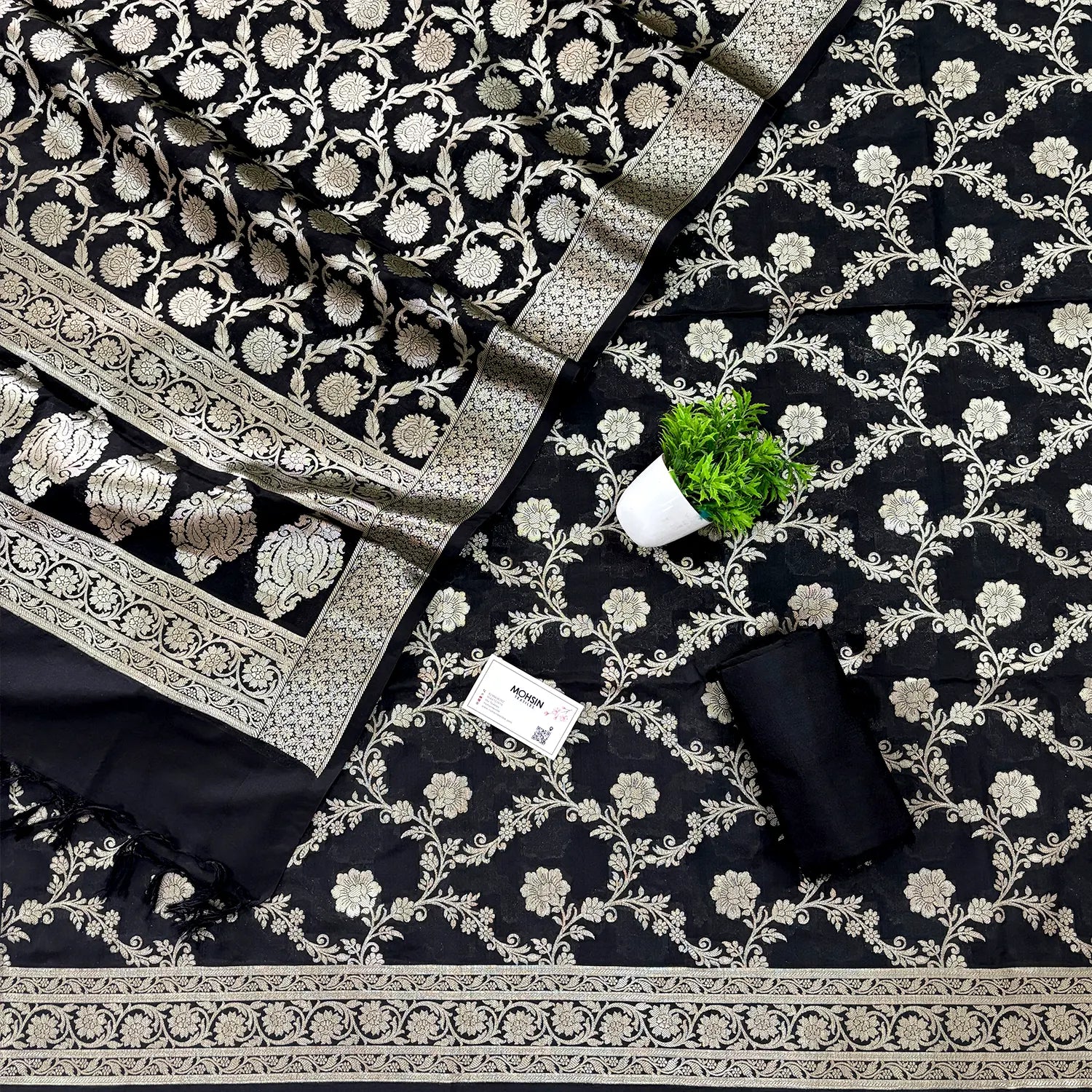 Black Kashmiri Jaal Katan Silk Banarasi Suit