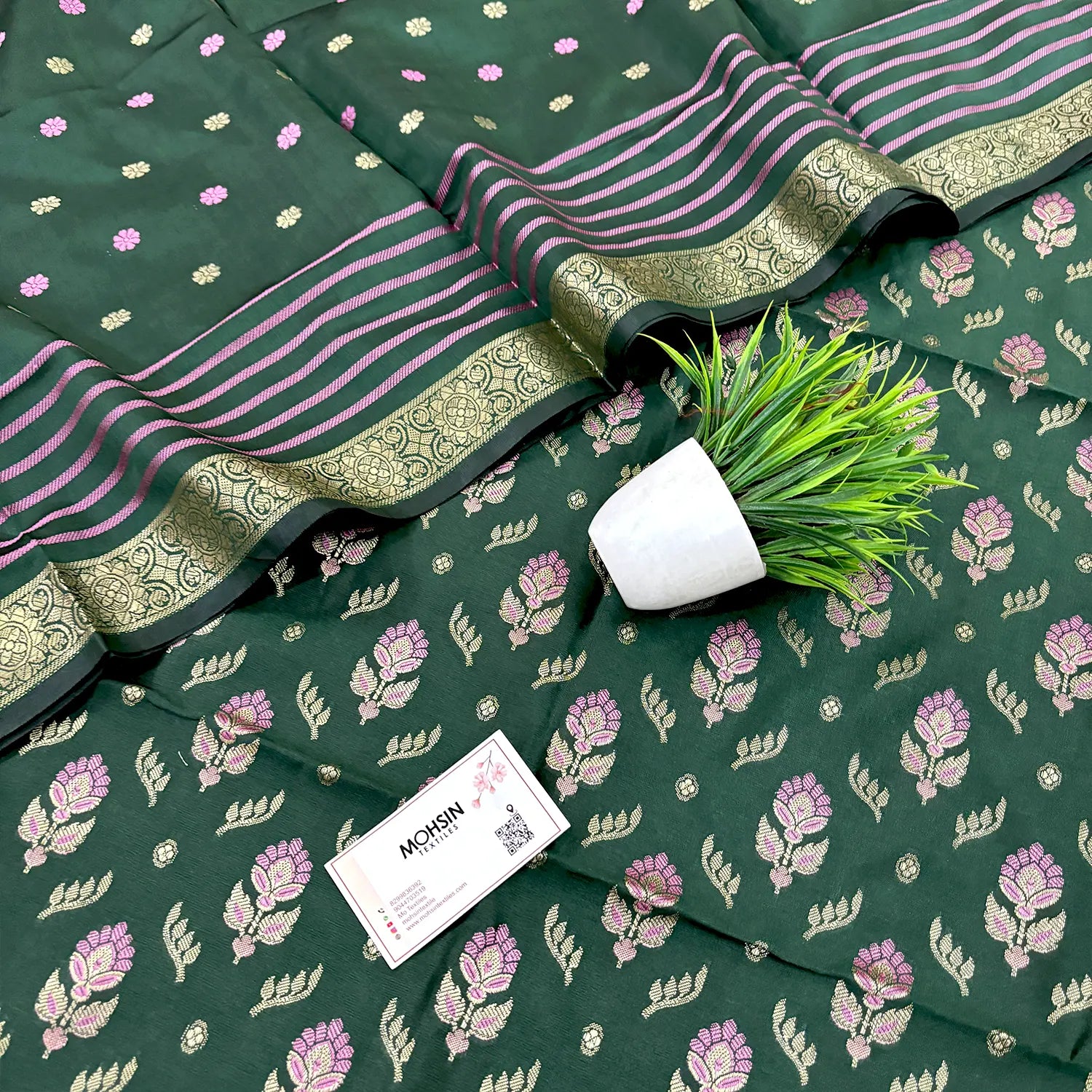 Bottle Green Golden Zari Satin Silk Banarasi Suit