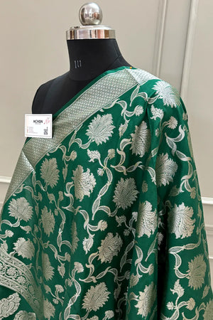 Bottle Green Golden Zari Katan Silk Banarasi Dupatta