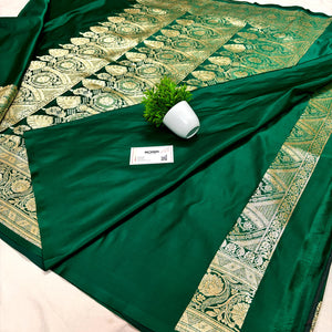 Bottle Green Plain Golden Zari Katan Silk Banarasi Saree