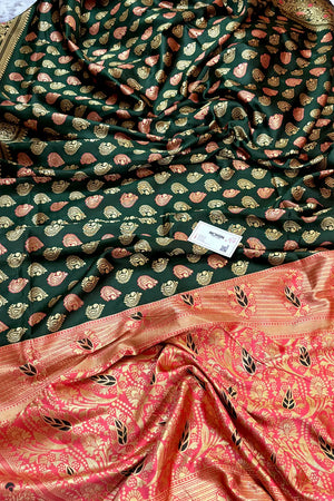 Bottle Green and Red Resham Zari Silky Banarasi Saree