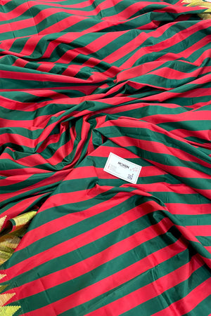 Red and Bottle Green Stripe Satin Banarasi Saree