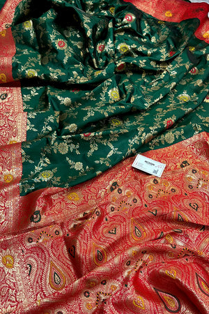 Green and Red Golden Zari Silky Banarasi Saree