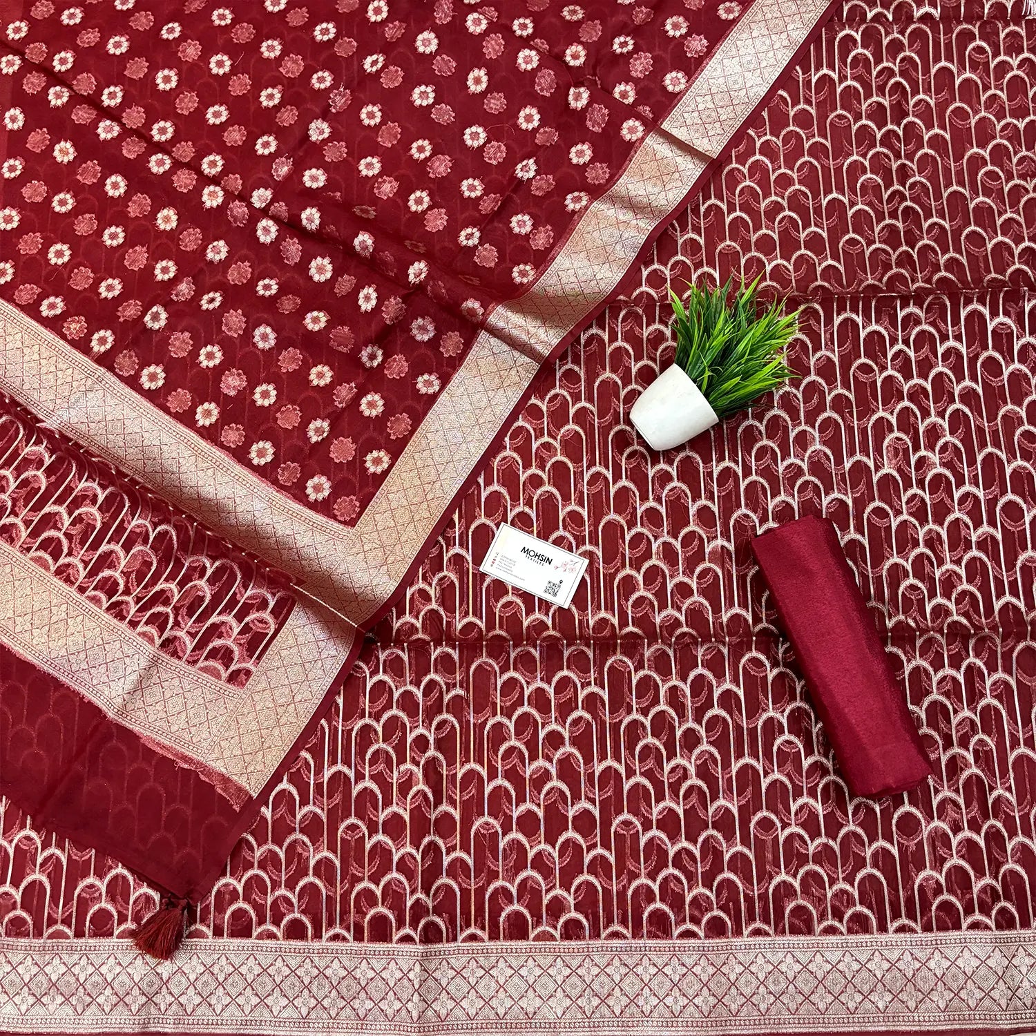 Maroon Cactus Jaal Organza Silk Banarasi Suit