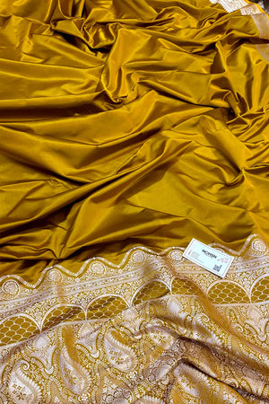 Mustard Zari Border Katan Silk Banarasi Saree