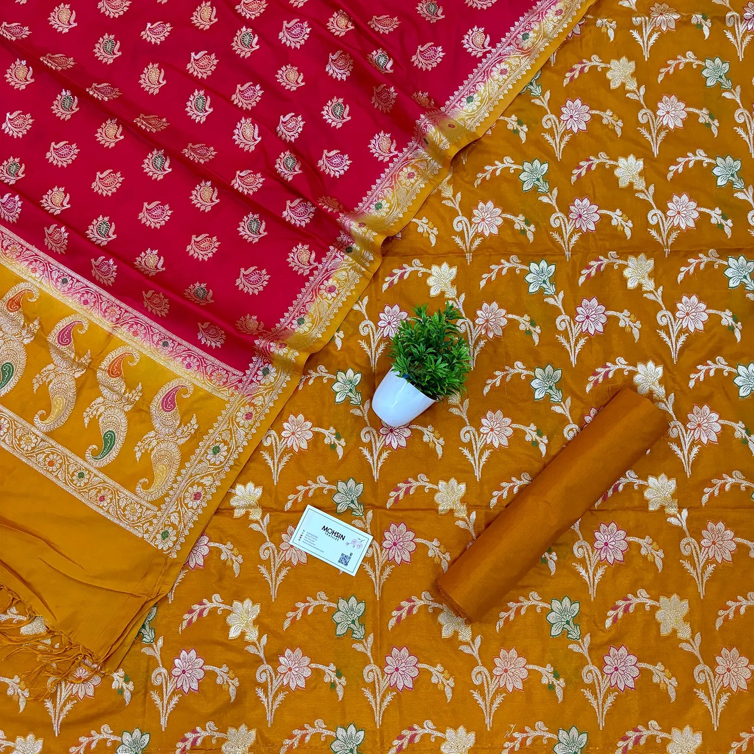 Mustard and Red Golden Zari Katan Silk Banarasi Saree