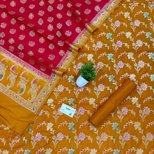 Mustard and Red Golden Zari Katan Silk Banarasi Saree