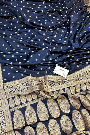 Navy Blue Golden Zari Katan Silk Banarasi Saree