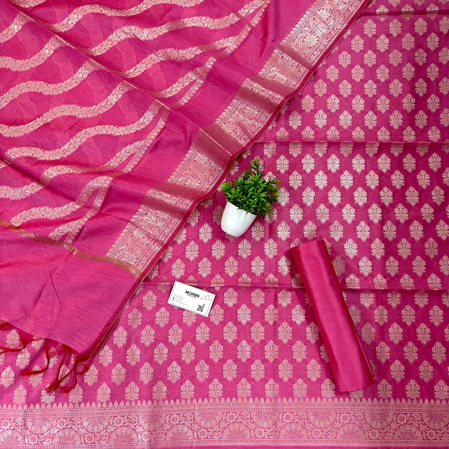 Pink Tri Phool Banarasi Silk Suit