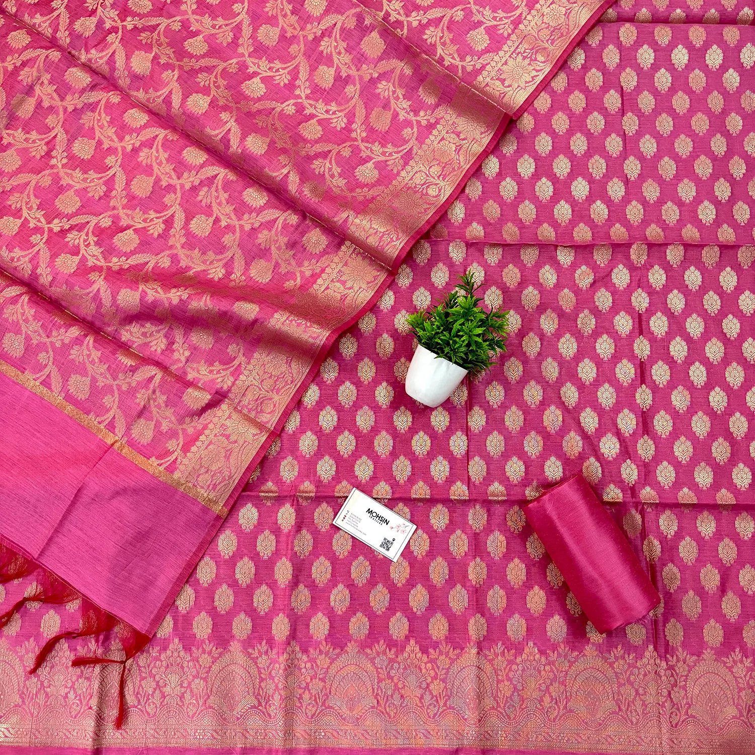 Pink Golden Zari Resham Silk Banarasi Suit