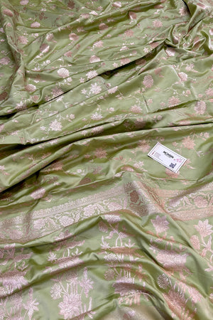 Pista Kesari Jaal Katan Silk Banarasi Saree