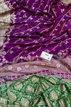Purple and Green Golden Zari Katan Silk Banarasi Saree