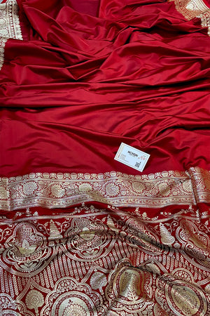Red Plain Golden Zari Katan Silk Banarasi Saree