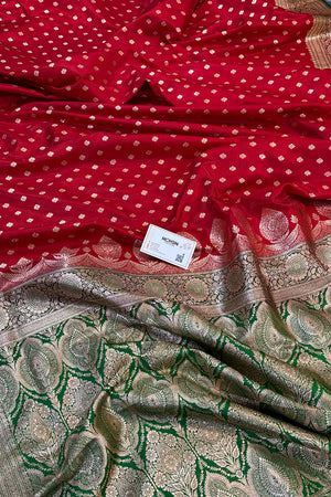 Red and Green Makkhi Buti Katan Silk Banarasi Saree