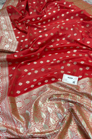 Strawberry Golden Zari Crepe Silk Banarasi Saree