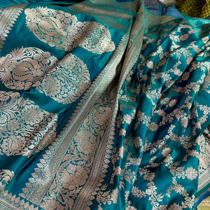 Teal Moglai Jaal Katan Silk Banarasi Saree