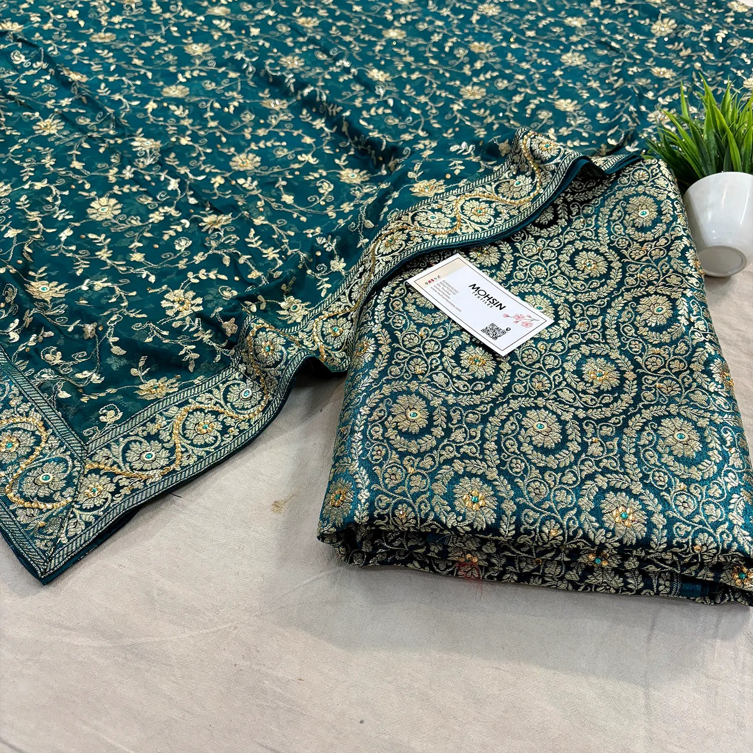 Teal Murrah Jaal Stone Work Kimkhab Silk Banarasi Gharara