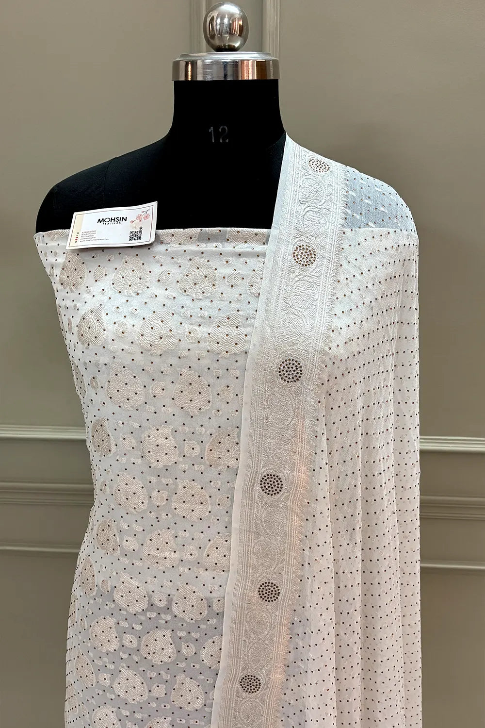 White Patta Siroski Stone Georgette Silk Banarasi Suit