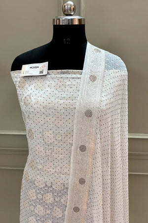 White Patta Siroski Stone Georgette Silk Banarasi Suit