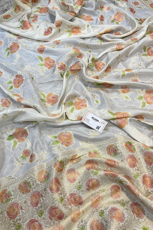 White Rosy Jaal Georgette Silk Banarasi Saree