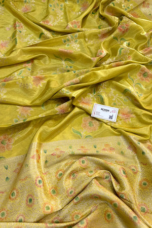 Yellow Shakahari Jaal Georgette Silk Banarasi Saree