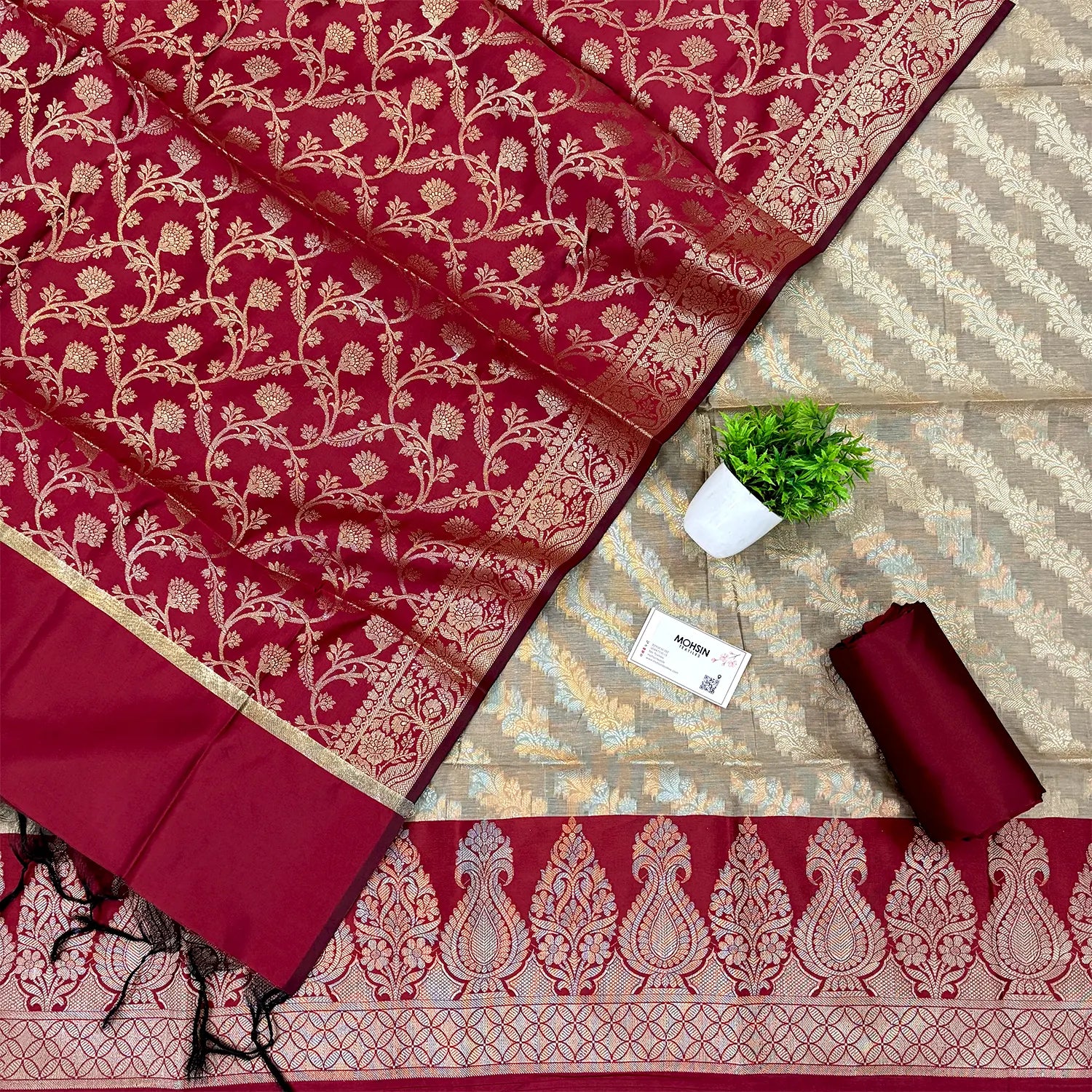 Beige and Maroon Kalgha Laheriya Banarasi Silk Suit
