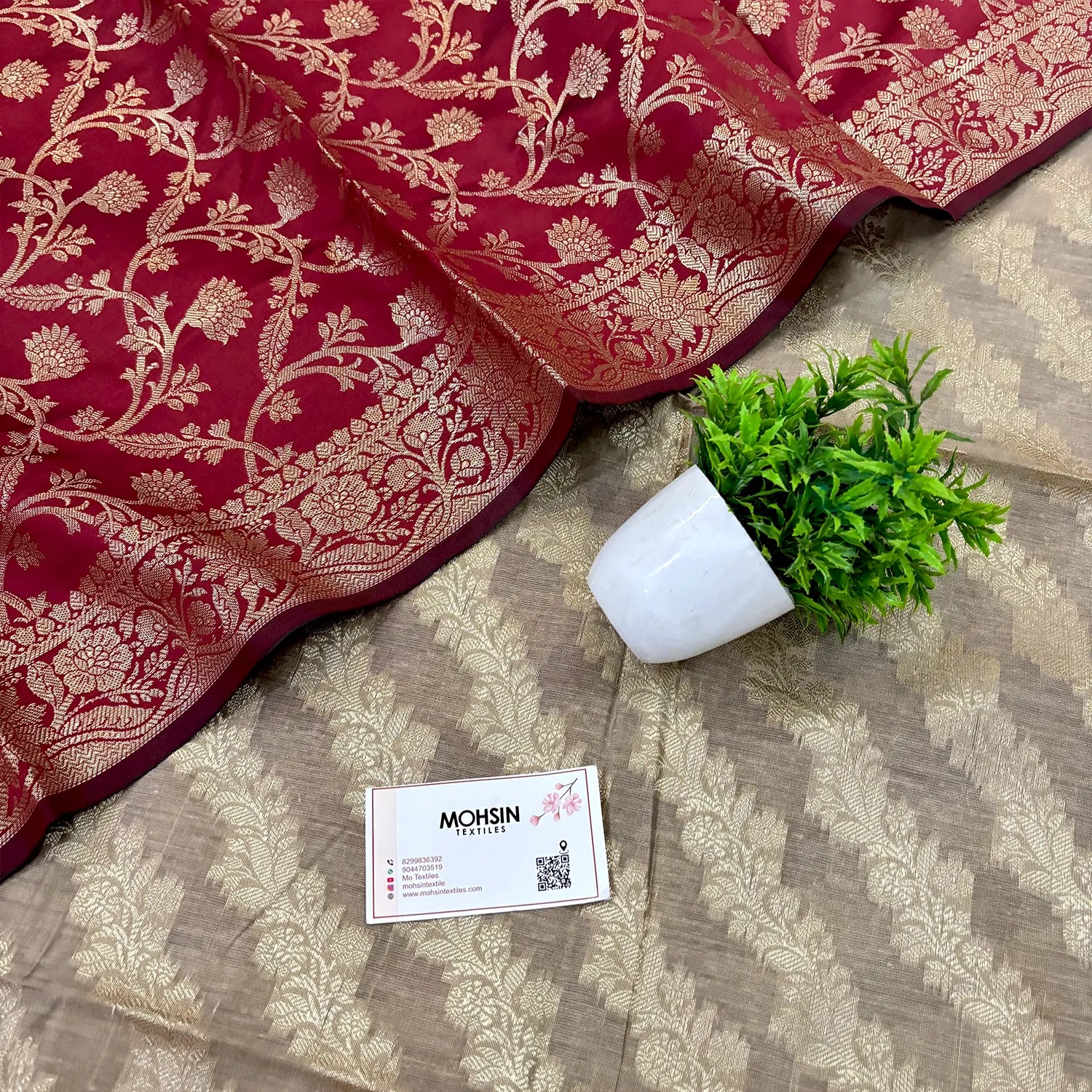 Beige and Maroon Kalgha Laheriya Banarasi Silk Suit