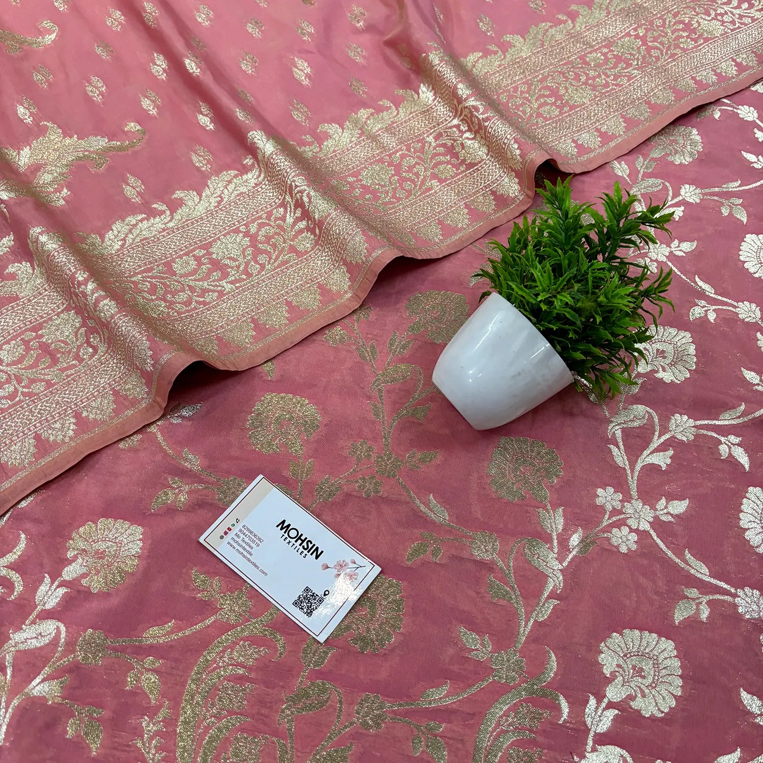 Baby Pink Golden Zari Katan Silk Banarasi Suit