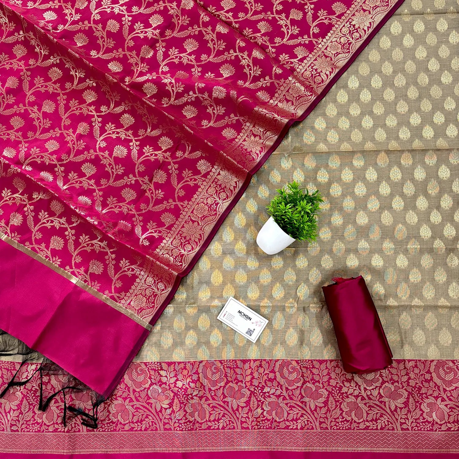 Beige and Pink Gulkan Buti Satin Silk Banarasi Suit