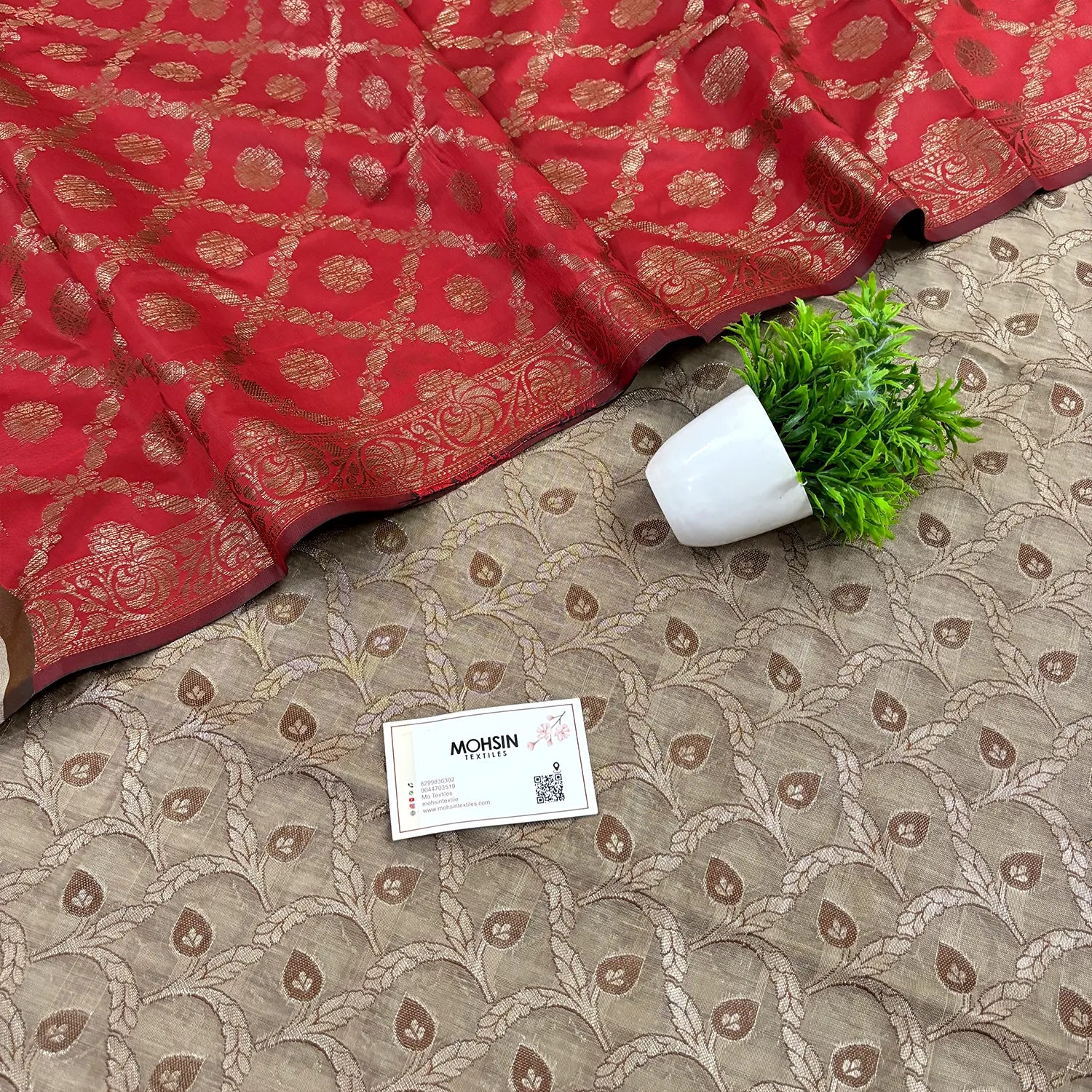 Beige and Red Patti Jaal Banarasi Silk Suit