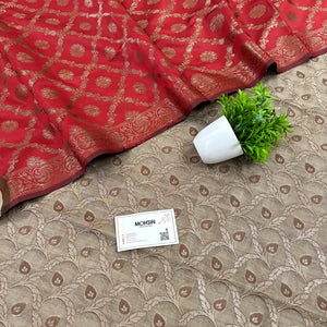 Beige and Red Patti Jaal Banarasi Silk Suit