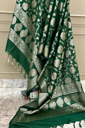 Bottle Green Golden Zari Katan Silk Banarasi Dupatta