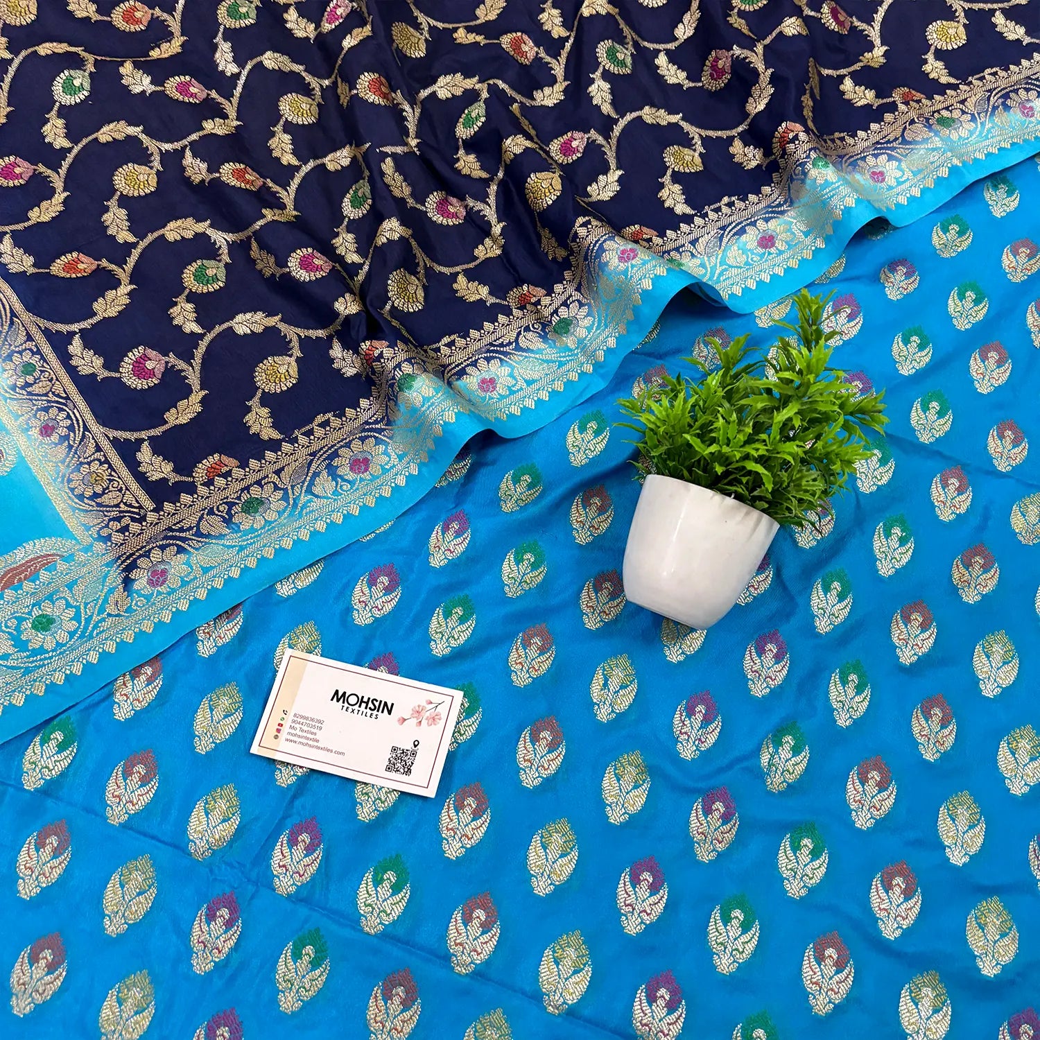 Firozi and Navy Blue Golden Zari Katan Silk Banarasi Suit