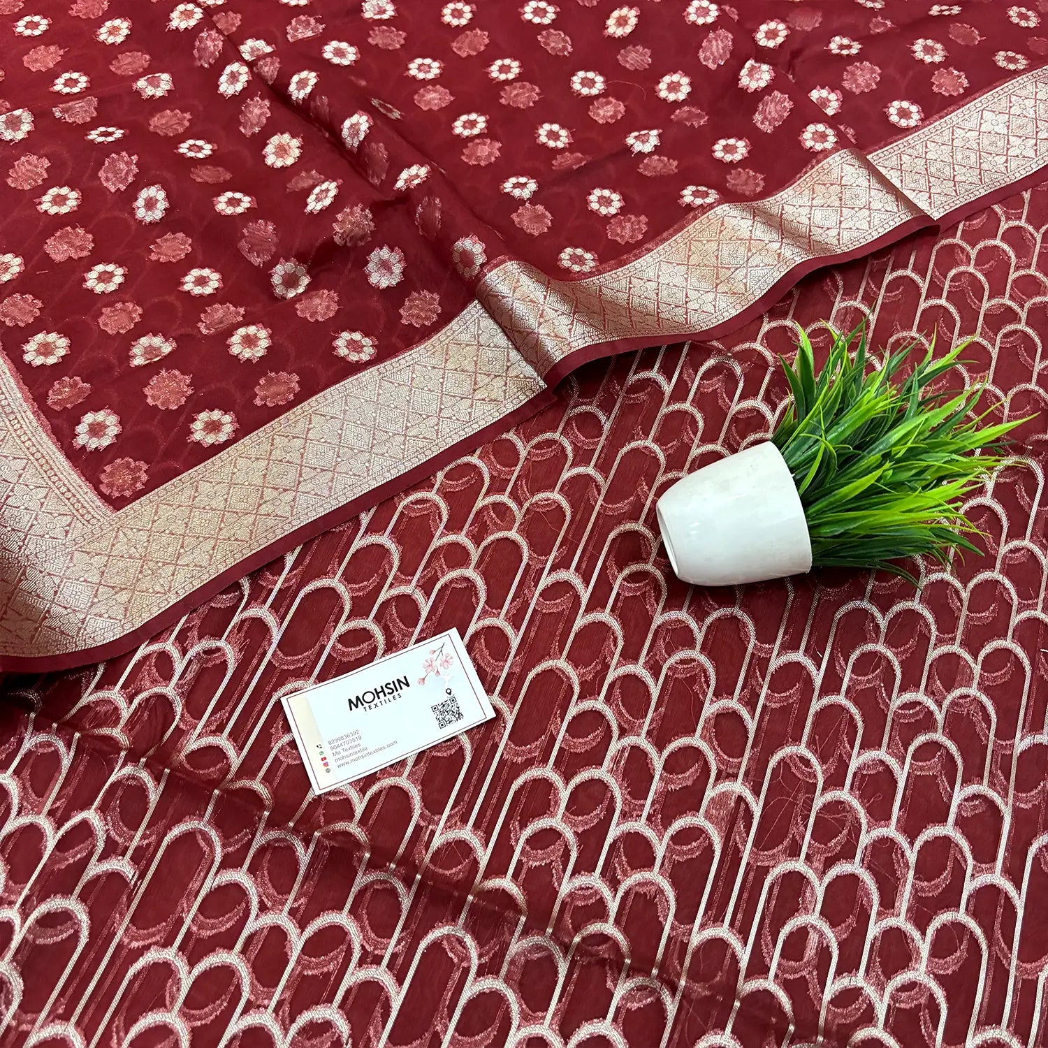 Maroon Cactus Jaal Organza Silk Banarasi Suit
