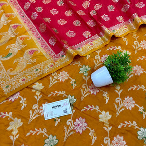 Mustard and Red Golden Zari Katan Silk Banarasi Saree