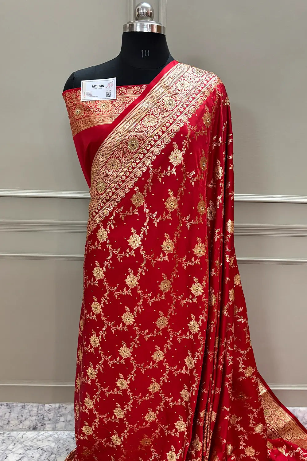 Red Akbari Jaal Stone Work Katan Silk Banarasi Saree