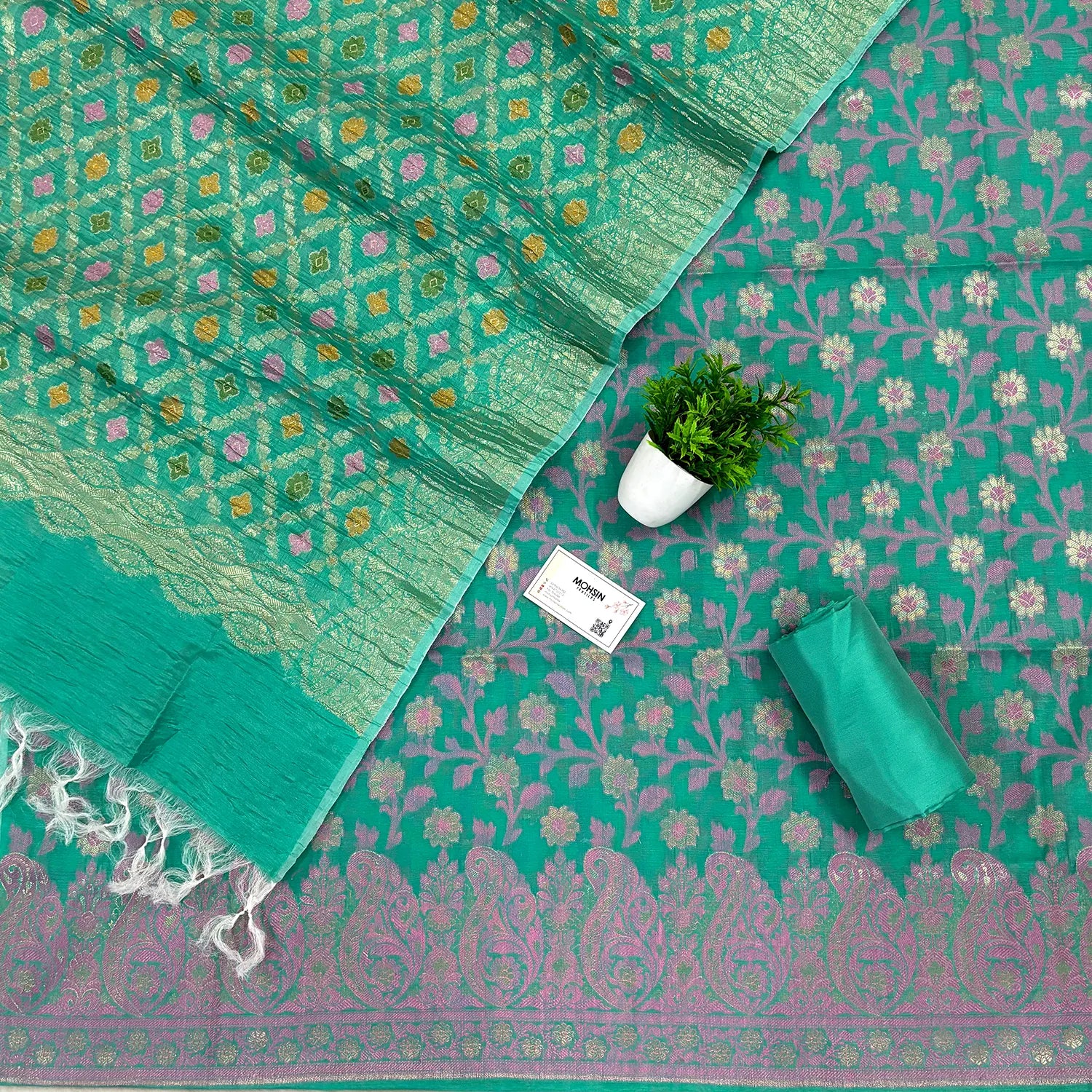 Sea Green Pakki Jaal Crush Cotton Silk Banarasi Suit